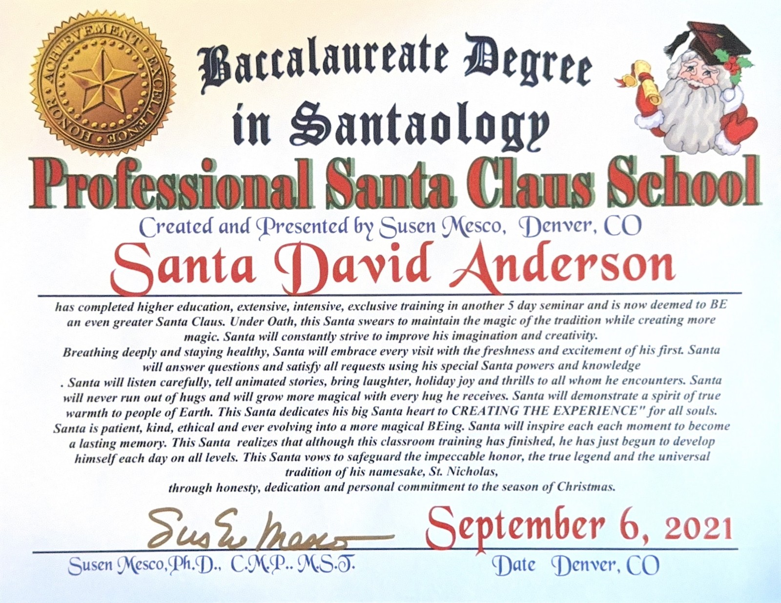 Professional Santa Claus School Baccalaureate Degree in Santology certificate