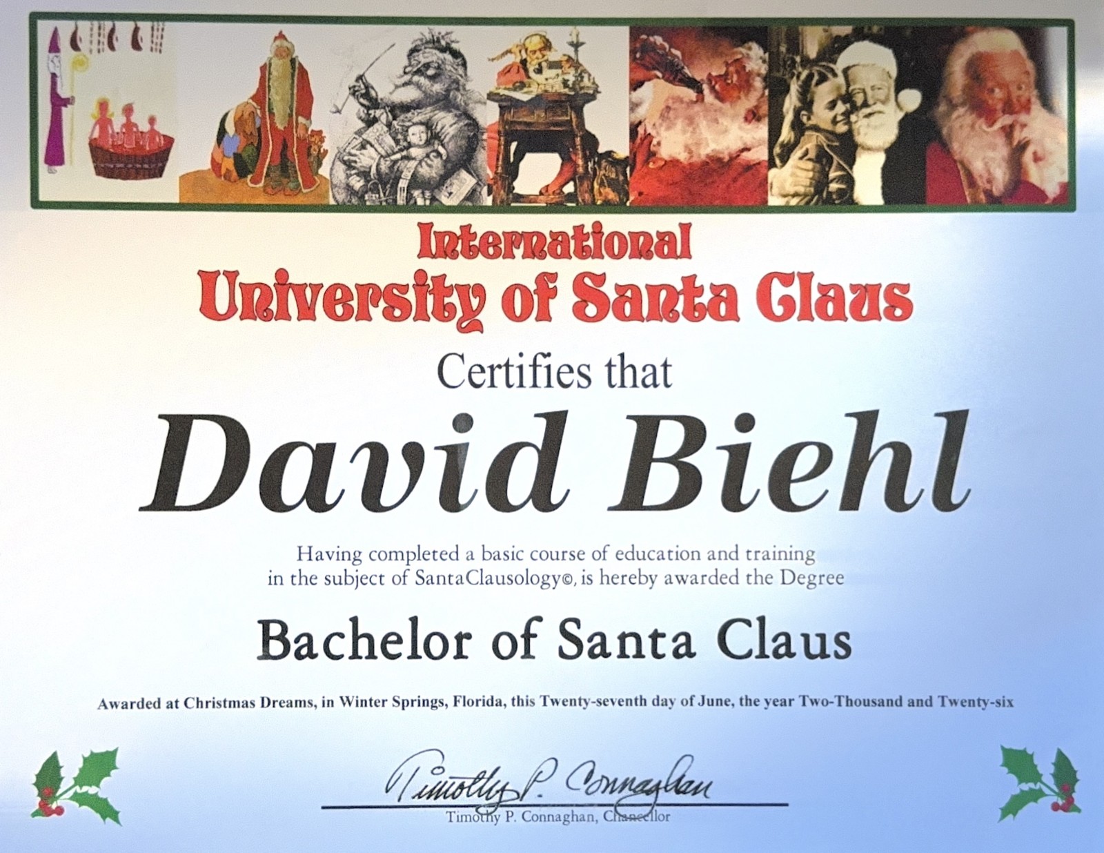 International University of Santa Claus Bachelor of Santa Claus certificate