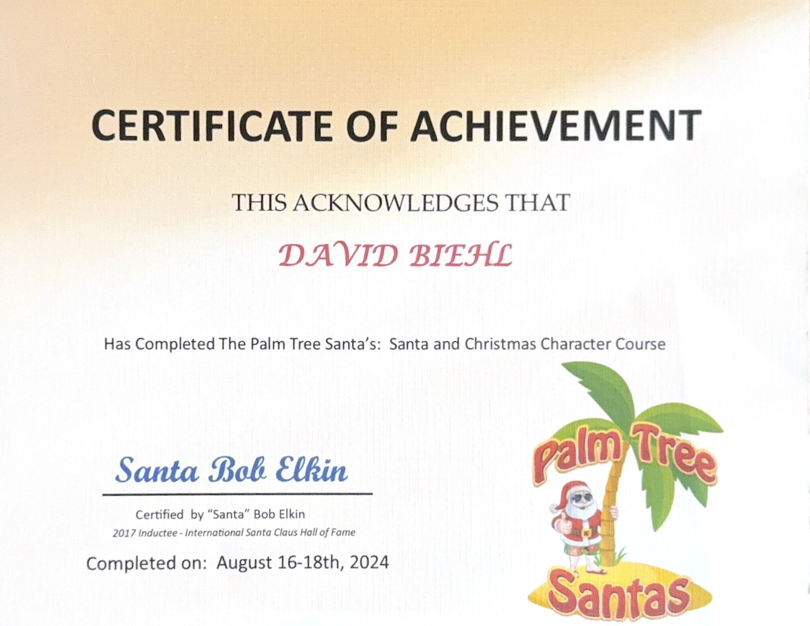 Palm Tree Santas Santa and Christmas Character Course certificate