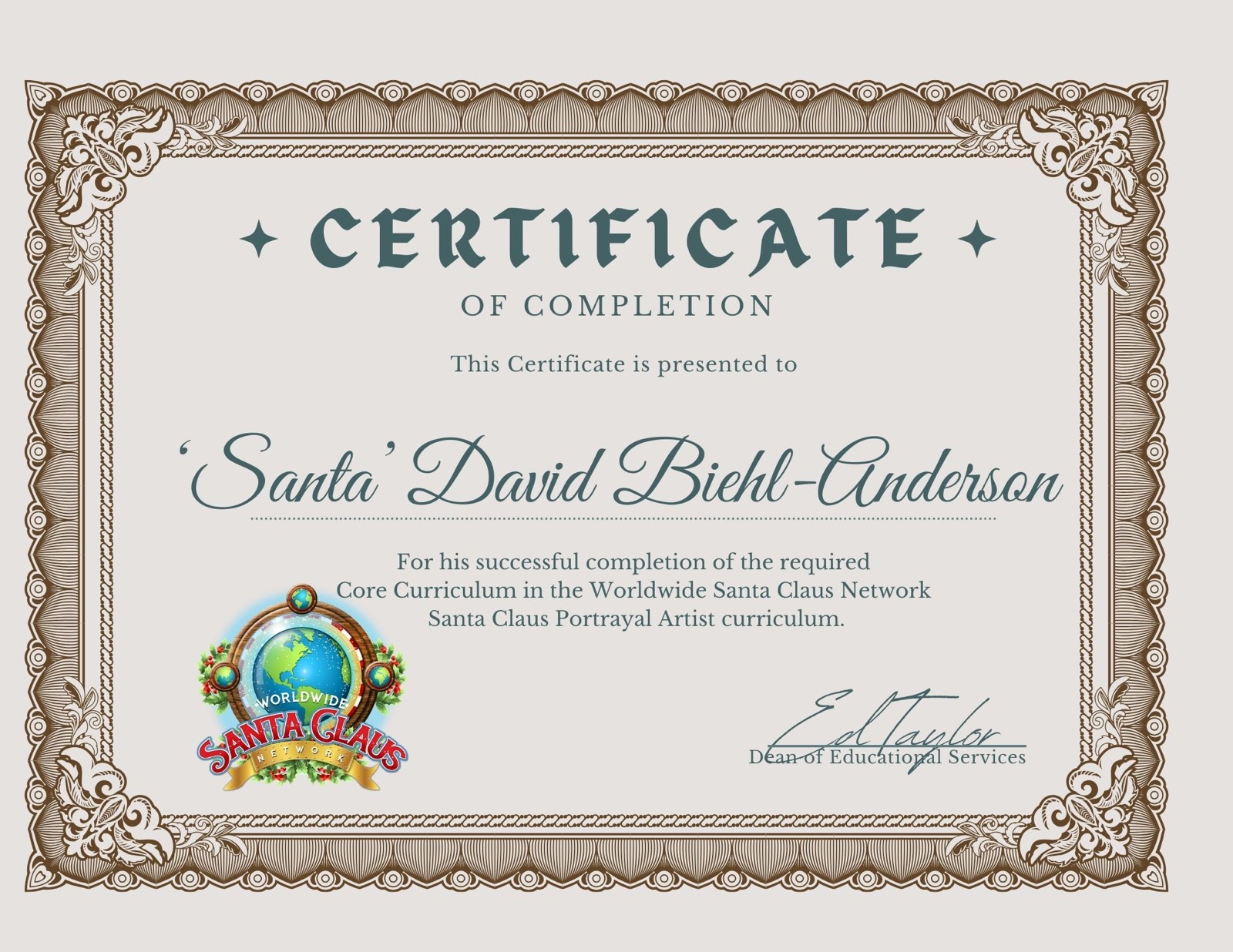 Worldwide Santa Claus Network core curriculum certificate of completion