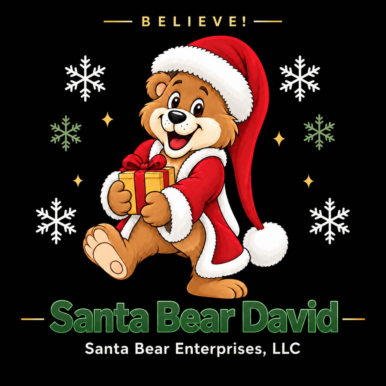 Santa Bear David carrying a gift