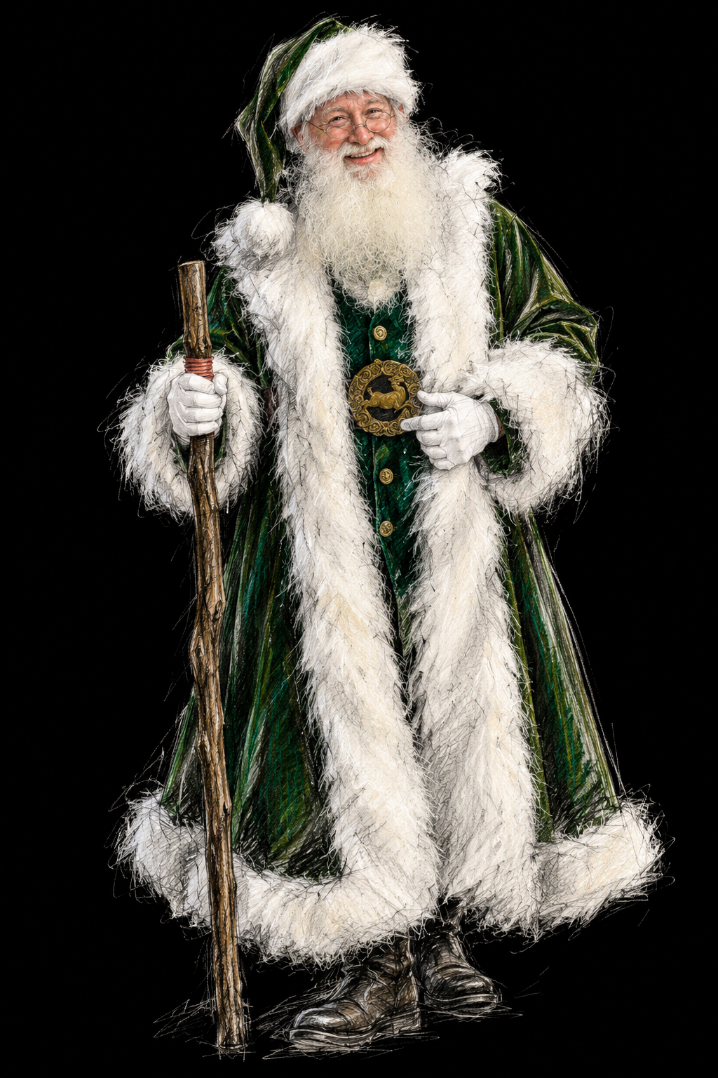 Sketch-style portrait of Santa Bear David in a green continental coat holding a wooden staff