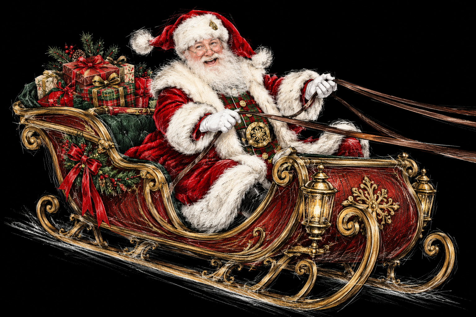 Sketch of Santa Bear David riding in a sleigh filled with Christmas presents