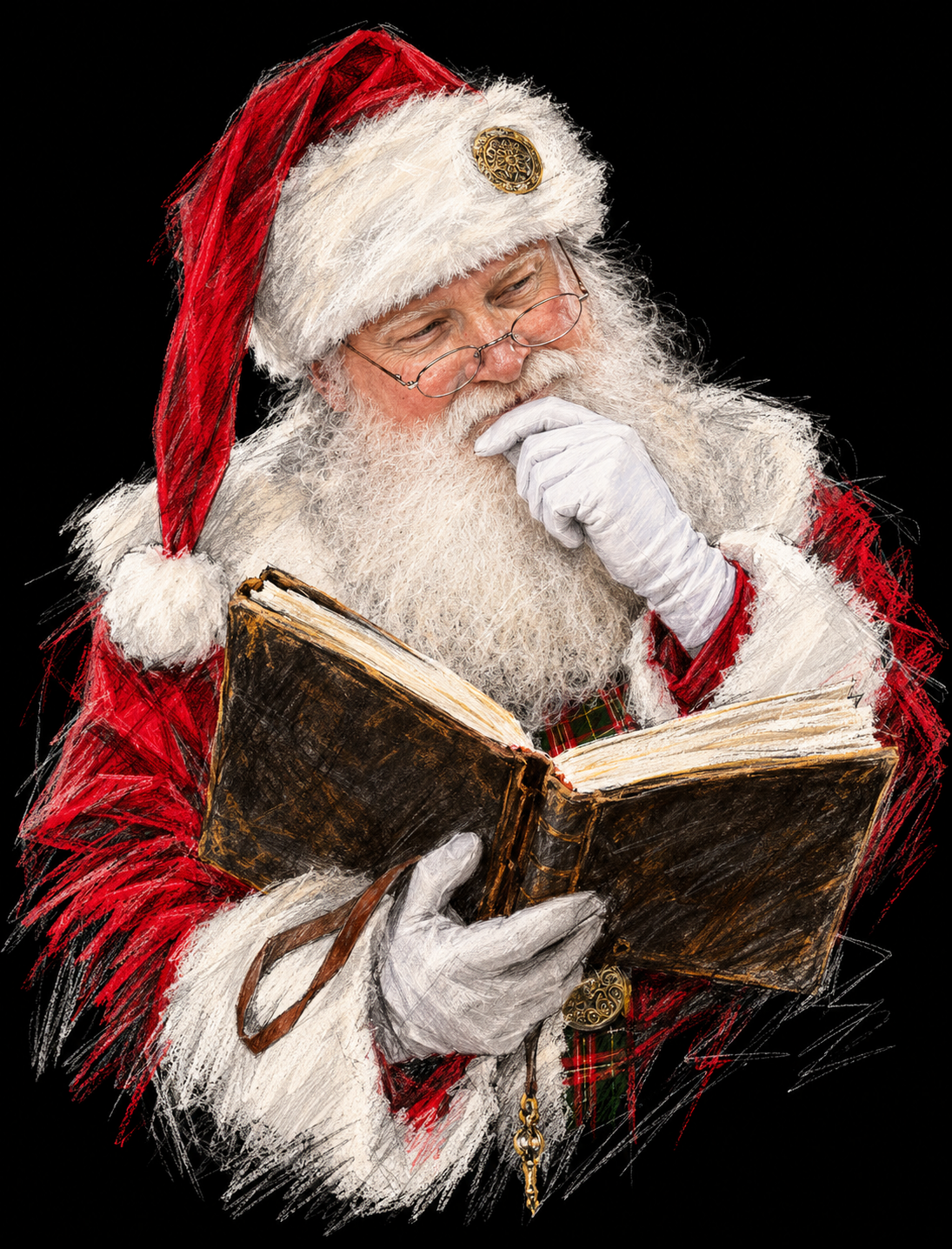 Sketch of Santa Bear David reading a book