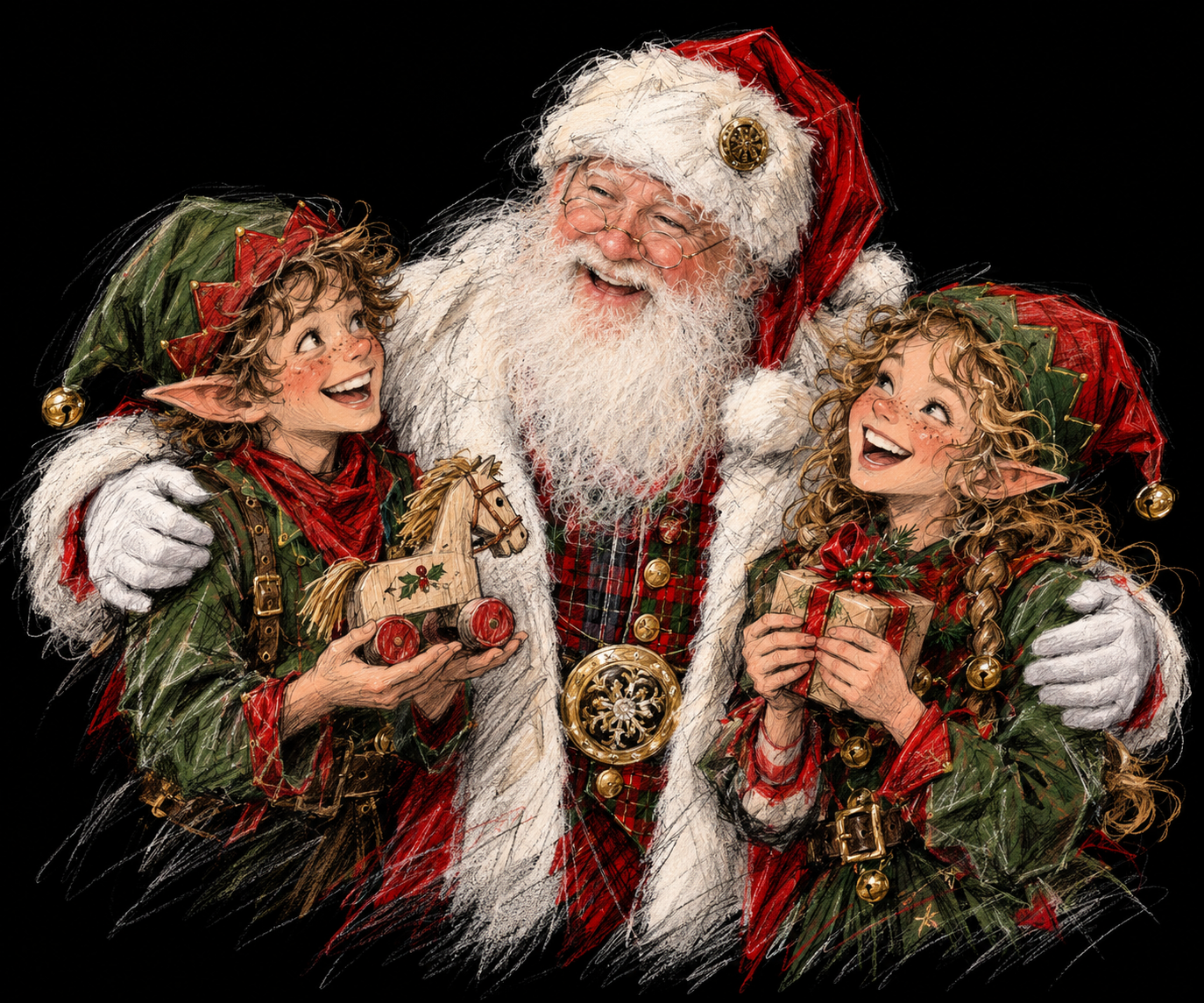 Santa Bear David with two cheerful elves